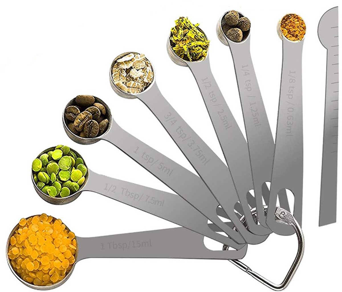 Maatlepel set, 8-delige Maatbekers Roestvrijstalen Eetlepelgereedschap met Meetlinialen voor Het Meten van Droge Vloeibare Ingrediënten Bakken Koken