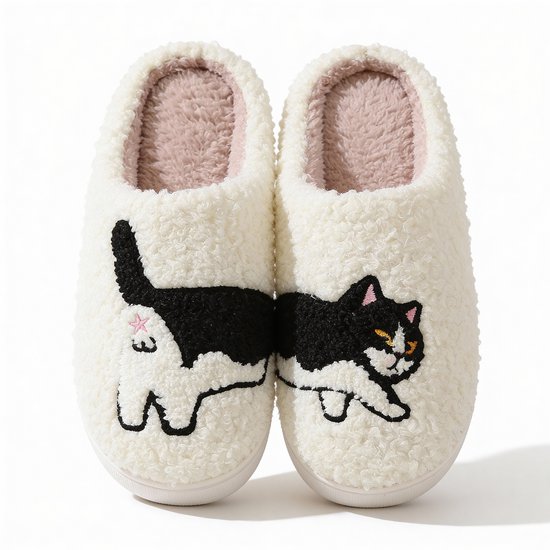 Pantoufles blanches et pelucheuses, une avec un chat noir et blanc, l'autre avec l'arrière d'un chat.