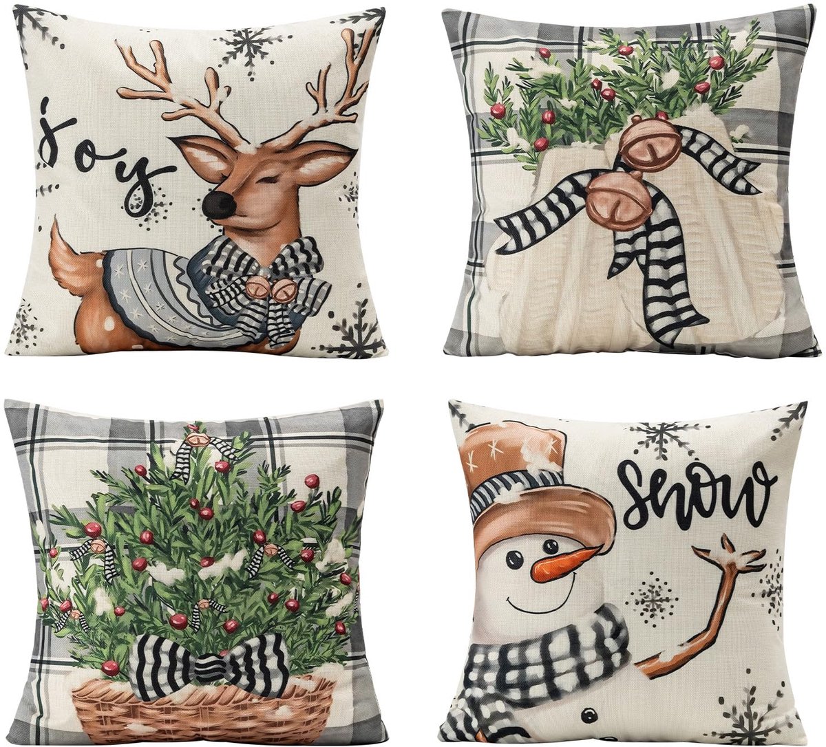 Unyqoos Set van 4 decoratieve kussenslopen met kerstmotieven voor een feestelijke sfeer wit grijs