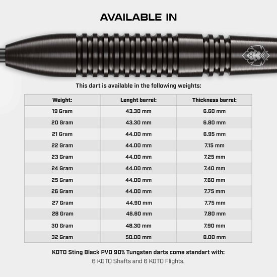 KOTO – Sting Black Bomb - 90% Tungsten - Dartpijlen - 27 Gram - Zwart - Steeldarts van KOTO — afbeelding 2