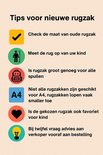 Tips voor een nieuwe rugzak: check maten, meet kind, controleer grootte, A4-formaat check, favoriet van kind, vraag advies.