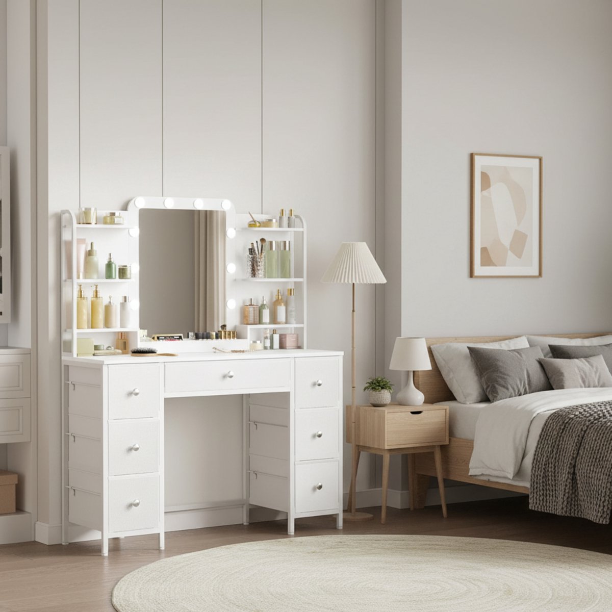 Hzuaneri Make-uptafel met ledverlichting, make-uptafel met grote HD-spiegel, 7 laden en 6 opbergvakken, make-uptafel voor slaapkamer, modern wit DT42303XEU