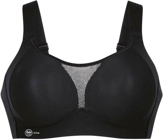 Zwarte Anita Active sportbeha met mesh paneel op de borst en brede bandjes.