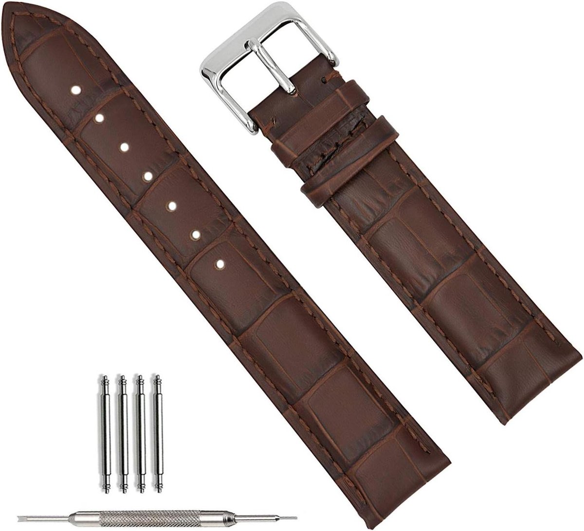 CSGoods - Zachte Krokodil-Reliëf Lederen Horlogeband in Zwart - Smart Horlogeband met Militaire Uitvoering - Armbandsluiting - 14-24 mm Breedte - Bruin met Bruine Stitch.