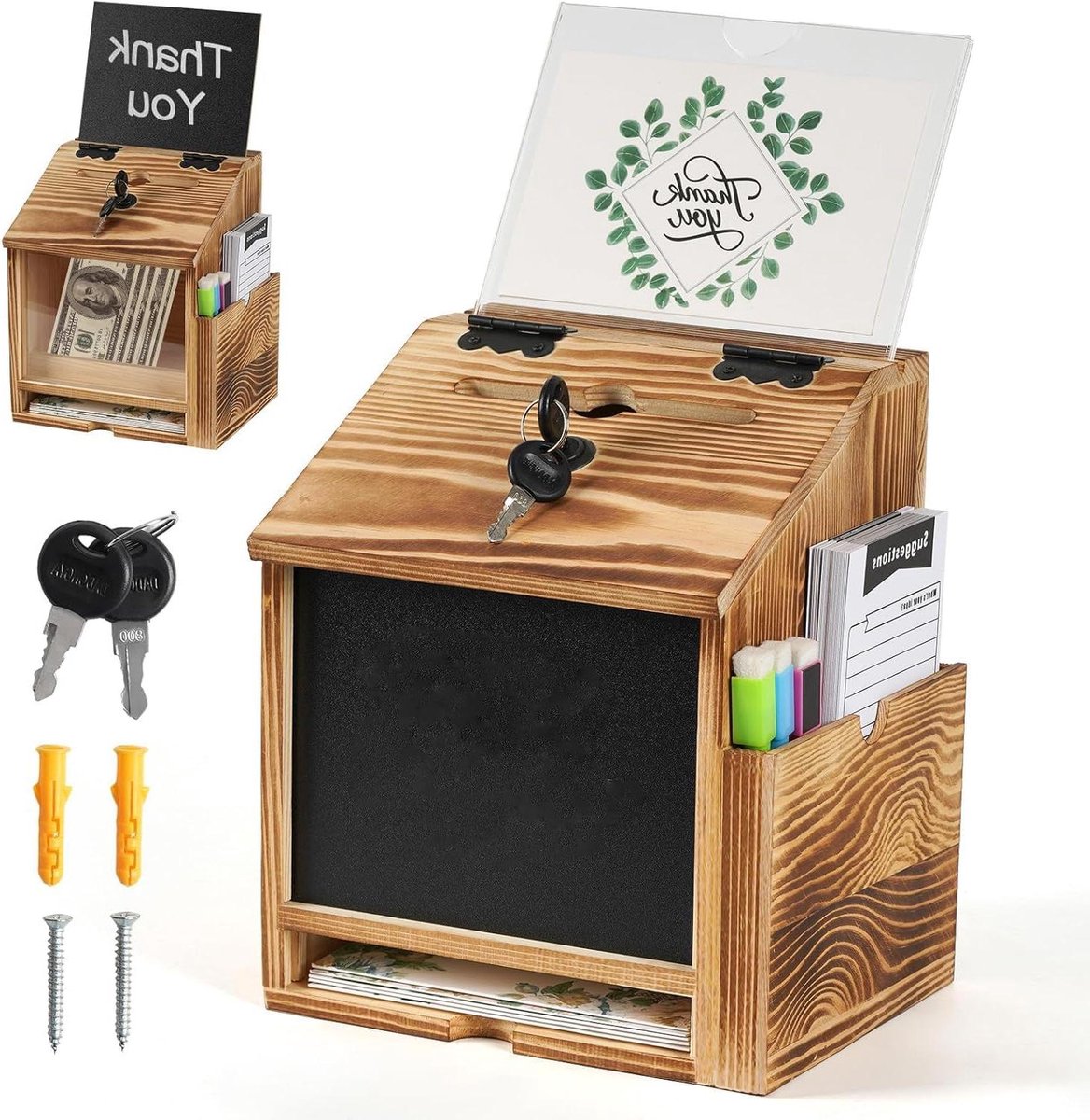 CSGoods - Houten suggestiedoos met slot en krijtbord, wandmontage en staand, transparante dispenser voor kantoor, klantencentrum, school, ziekenhuis