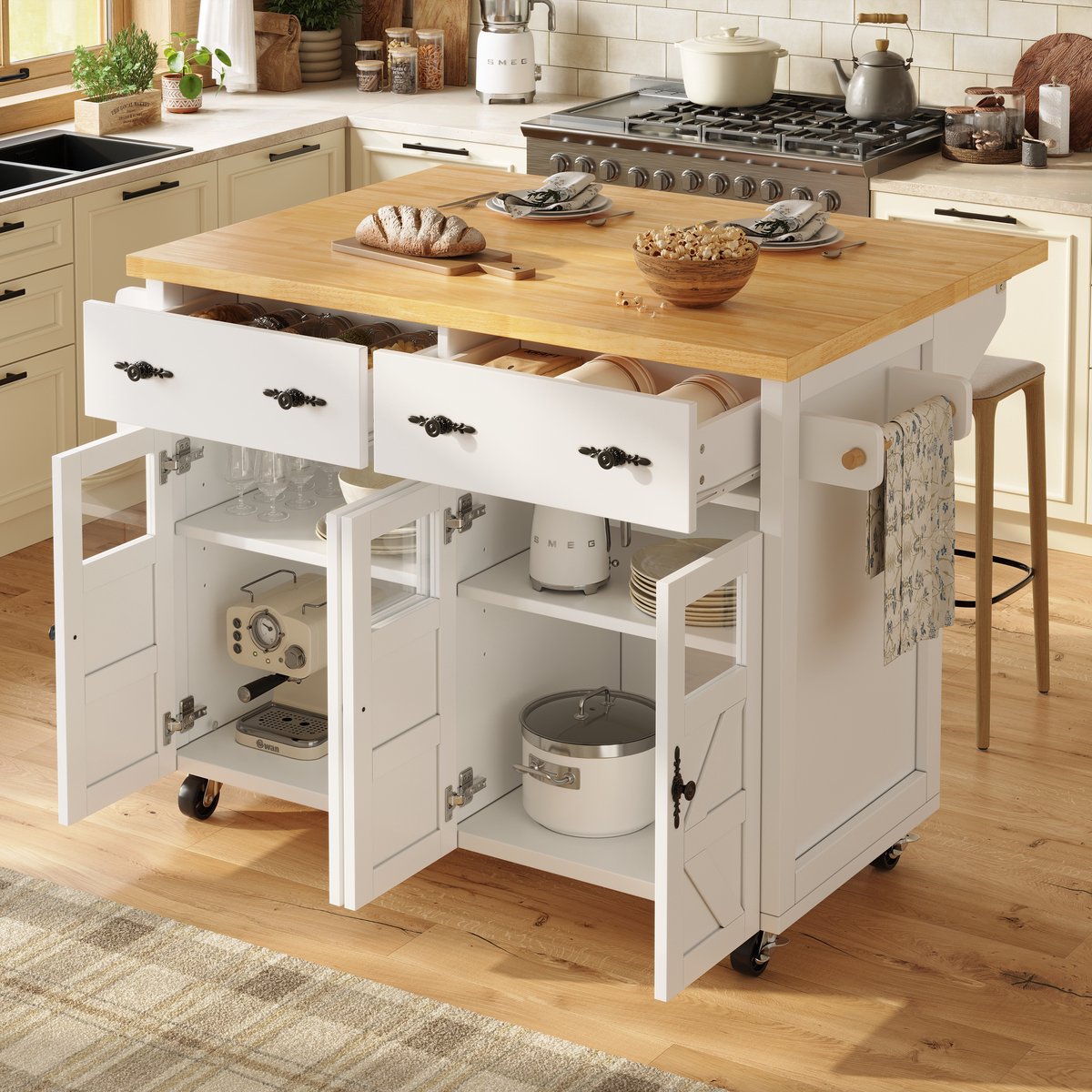 OKWISH Keukenwagen – Multifunctionele Serveertrolley Met Veiligheidsglas Deuren – Uitklapbare Werkplaat – 140×73×93.5 cm Uitgeklapt / 140×45×93.5 cm Ingeklapt – 5 Rollen 2 Met Remmen – MDF Wit