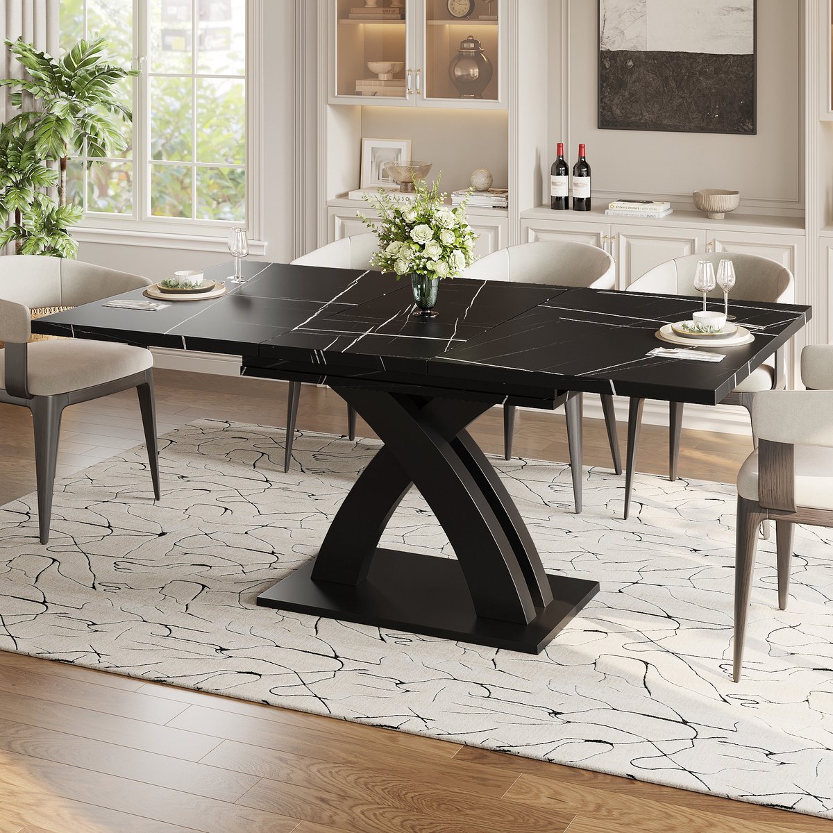 OKWISH Eettafel Uittrekbaar – 120x80x76 cm Uitbreidbaar Tot 160x80x76 cm – X-Vormige Kruisliggers Voor Stabiliteit – Verborgen Uittrekgedeelte Met Glijrails En Vergrendeling – MDF;Metaal Zwart