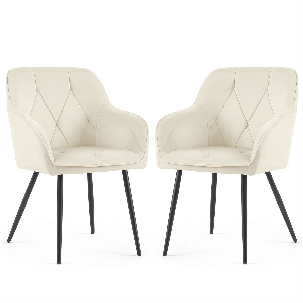 Set van 2 Eetkamerstoelen DIAMANTE met Armleuningen / Gestoffeerde Stoelen / Fluwelen Stoelen en Metalen Poten / Crème kleur met zwarte benen