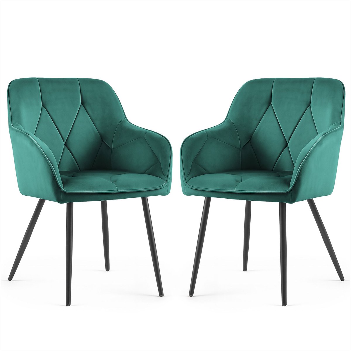 Set van 2 Eetkamerstoelen DIAMANTE met Armleuningen / Gestoffeerde Stoelen / Fluwelen Stoelen en Metalen Poten / Flesgroen met zwarte benen