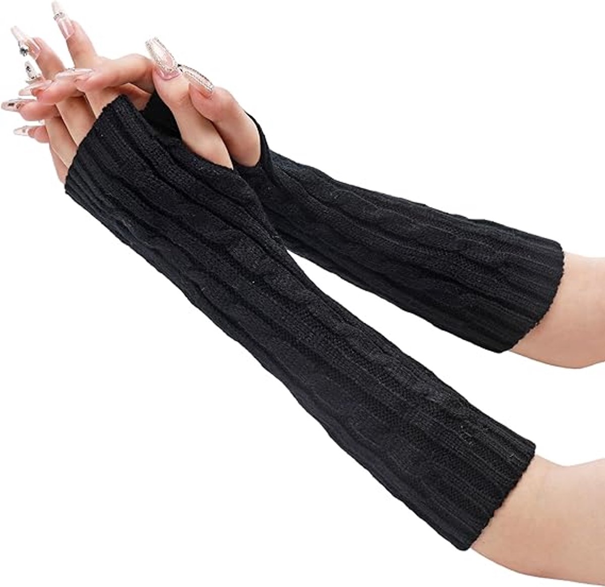 MDUG Lange vingerloze handschoenen voor dames - Zwart - One size - Gebreid polsbandje met duimgat - Lange polsband - Vingerloze armmouwen voor volwassenen - Warme vingerloze armmouwen
