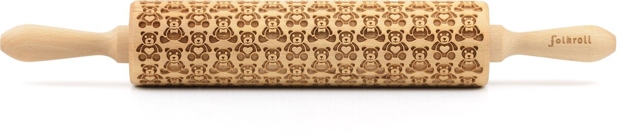 Folkroll deegroller, teddyberen, groot, 43 cm, deegroller, embossingroller, patroon, motief, rol, beukenhout, 331453