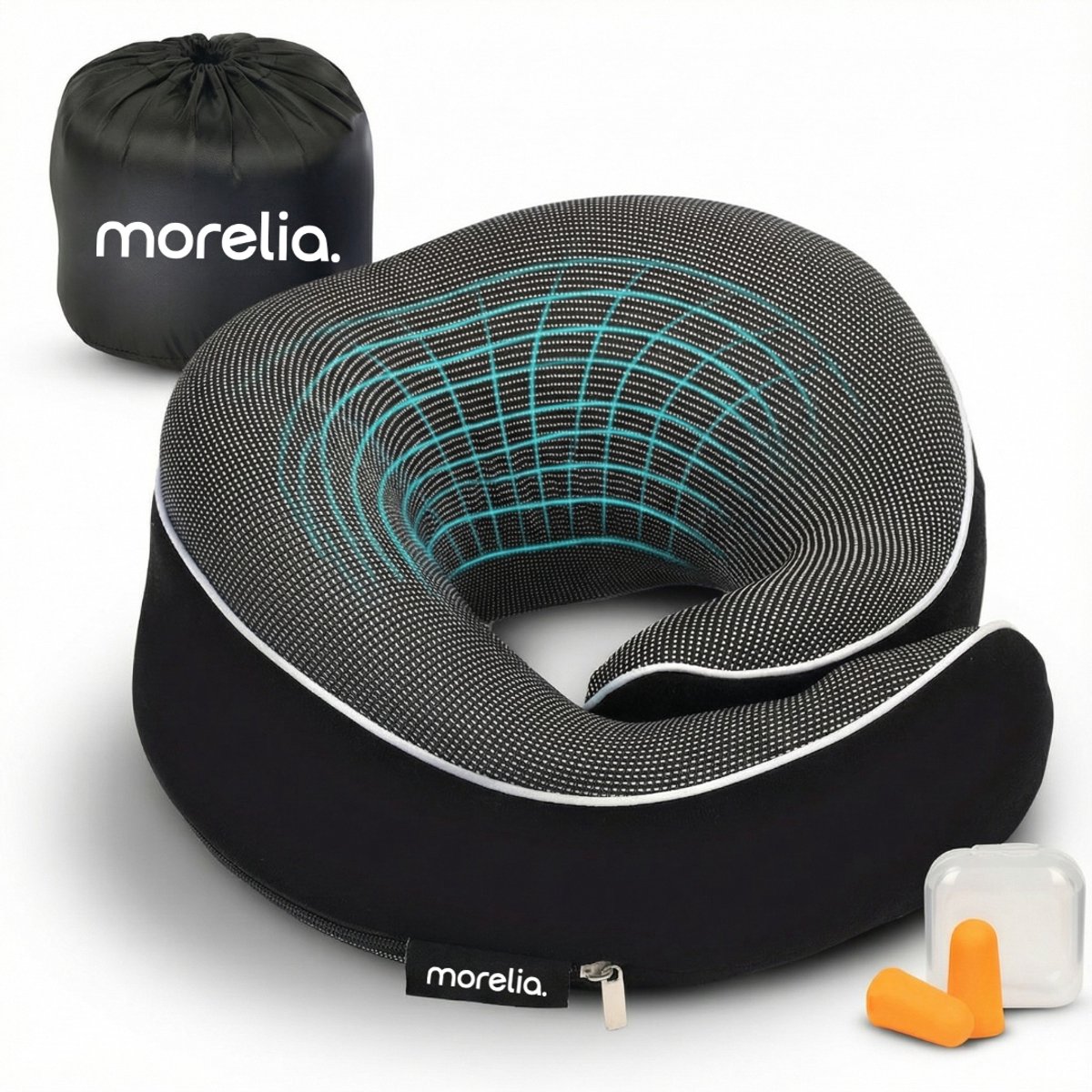 Bol.com Morelia® Volledige Set Nekkussen Zwart - Luxe Reiskussen voor het Vliegtuig en de Auto - Traagschuim aanbieding