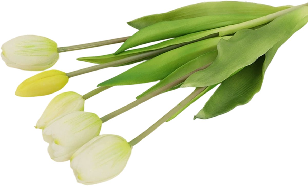 Kunsttulpen, 5 kunsttulpen van zacht gel, 35-40 cm groot bloemstuk met imitatietulpen, geschikt voor bruiloften, woondecoratie en kantoordecoratie - Wit