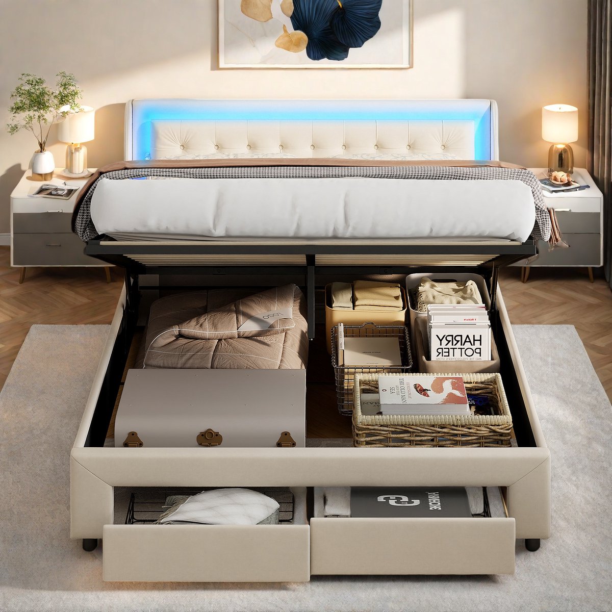 Hydraulisch Opbergbed 180x200 cm – Tweepersoons Fluwelen Bed met LED & 2 Lades, Gasveer Opbergfunctie, Beige