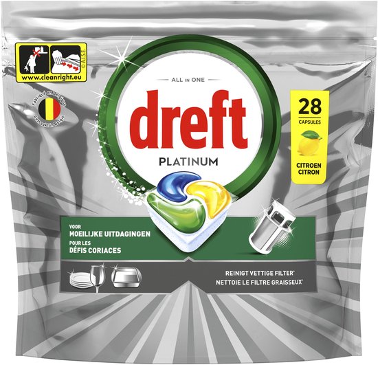 Verpakking Dreft Platinum vaatwastabletten met citroengeur, 28 capsules. "Voor moeilijke uitdagingen", "Reinigt vettige filter".