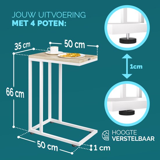 Afmetingen van de bijzettafel: 50x35x66cm. De hoogte is verstelbaar.