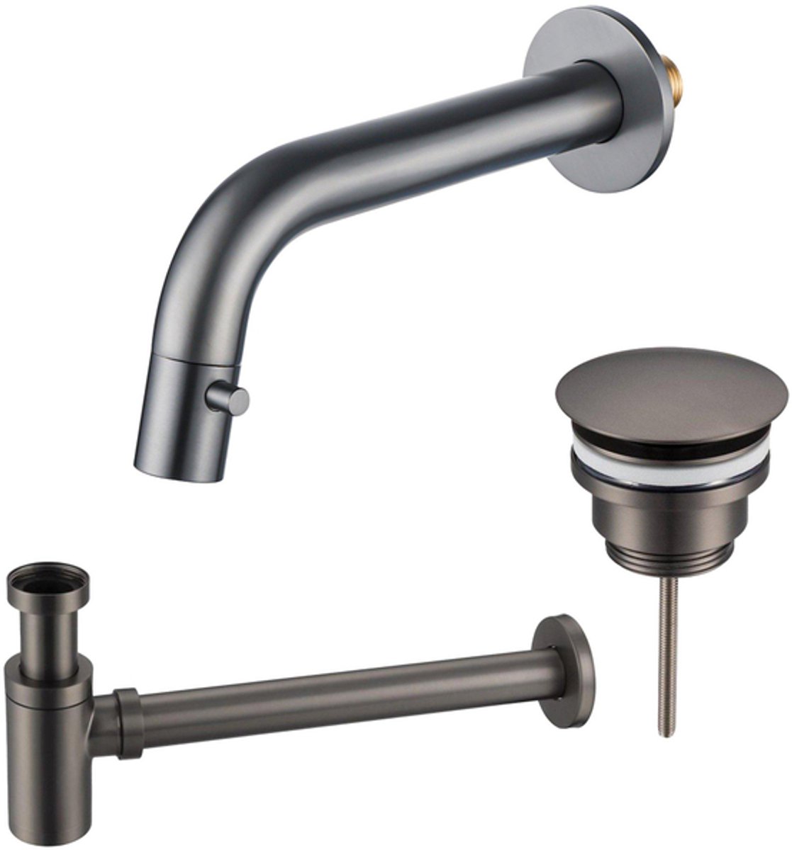 FugaFlow Eccelente Acces Fonteinkraanset - inbouw - uitloop 18cm - inkortbaar - sifon - always open plug - Geborsteld Gunmetal PVD