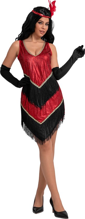 Joya Party® Gatsby Flapper Verkleed Jurk Dames | Charleston Verkleedjurk Roaring 20’s Verkleedjurk | Art Deco Rood/Zwart met Franjes, Haarband & Handschoenen | Verkleedkostuum Vrouwen Jaren Twintig | Maat S/M