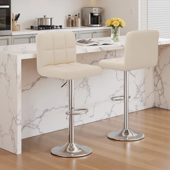 Ensemble de 2 Tabourets de Bar – Hauteur Réglable & Pivotant – Tabouret de Bar avec Dossier – Similicuir – Avec Repose-pieds – Tabourets de Bar Cuisine–Beige