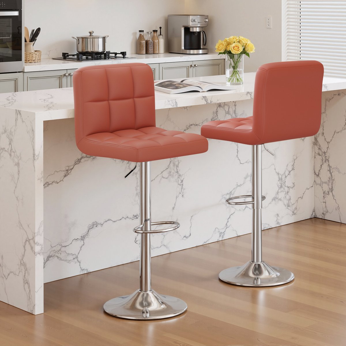 Barstoelen Set van 2 – In Hoogte Verstelbaar & Draaibaar – Barstoel met Rugleuning – Kunstleer – Met Voetensteun – Keuken Bar Stoelen–Bruin