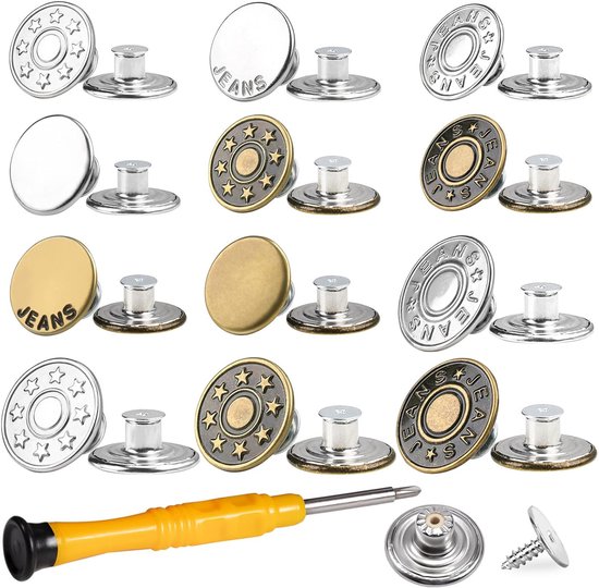 NEUFELD® 12 x knopen om in te steken (incl. box en schroevendraaier) - knopen broeken strakker maken - buttonpins - jeansknopen zonder naaien NEUFELD® 12 x knopen om in te steken (incl. box en schroevendraaier) - knopen broeken strakker maken - buttonpins - jeansknopen zonder naaien