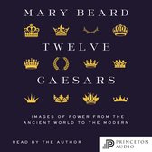 Boekomslag "Twelve Caesars" van Mary Beard met gouden kronen en lauwerkransen op een donkerblauwe achtergrond.