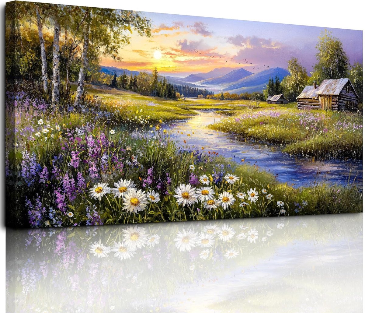 Canvas Schilderij 59x119 Cm – Moderne Bloemen Aan De Rivier - Kleurrijke Wanddecoratie Voor Woonkamer & Slaapkamer