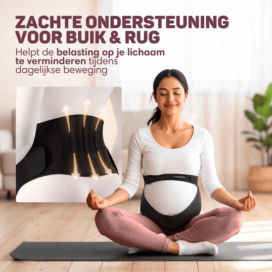Zwangere vrouw mediteert op yogamat, met close-up van zwarte buikband met pijlen die ondersteuning aangeven.