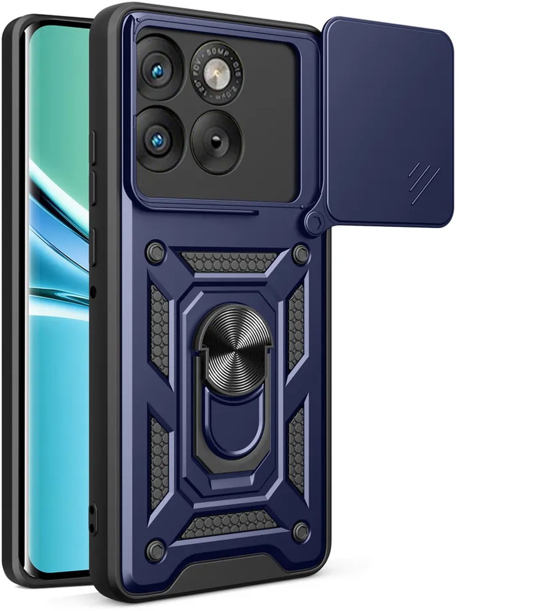 MobyDefend Hoesje - Geschikt voor Motorola Edge 70 - Pantsercase Met Draaibare Ring - Blauw