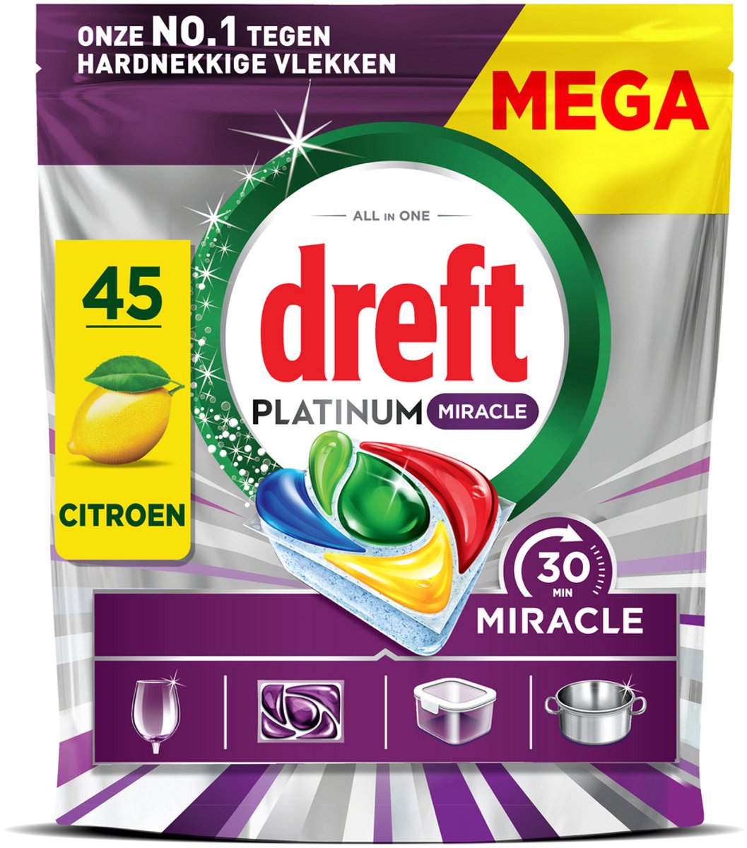 Dreft Platinum Miracle All In One Vaatwastabletten - 30 Minute Miracle - 45 stuks — afbeelding 2