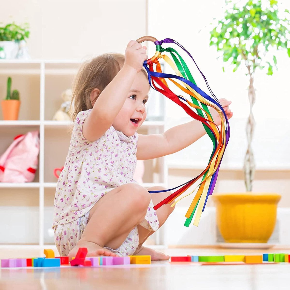 WoodyDoody Regenboog Ring 1 Stuks Buitenspeelgoed Rammelaar Bijtspeelgoed Strandspeelgoed van Hout Speelgoed Ringen met Regenboog Lintjes Speelgoed Kinderen - Houten Speelgoed Baby Peuter Speelgoed — afbeelding 4