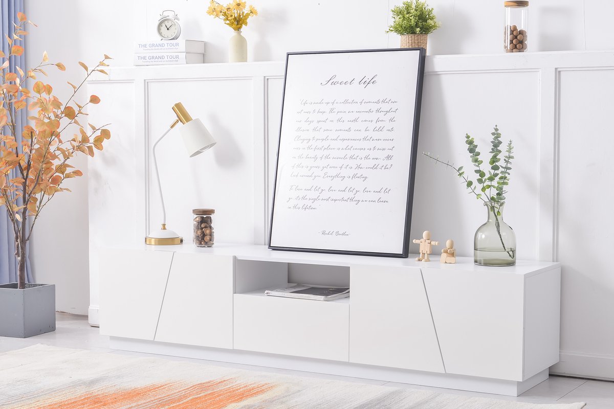 REDOM TV-meubel 170X42X37CM van MDF, wit glanzend met onregelmatige paneelverdeling en zon