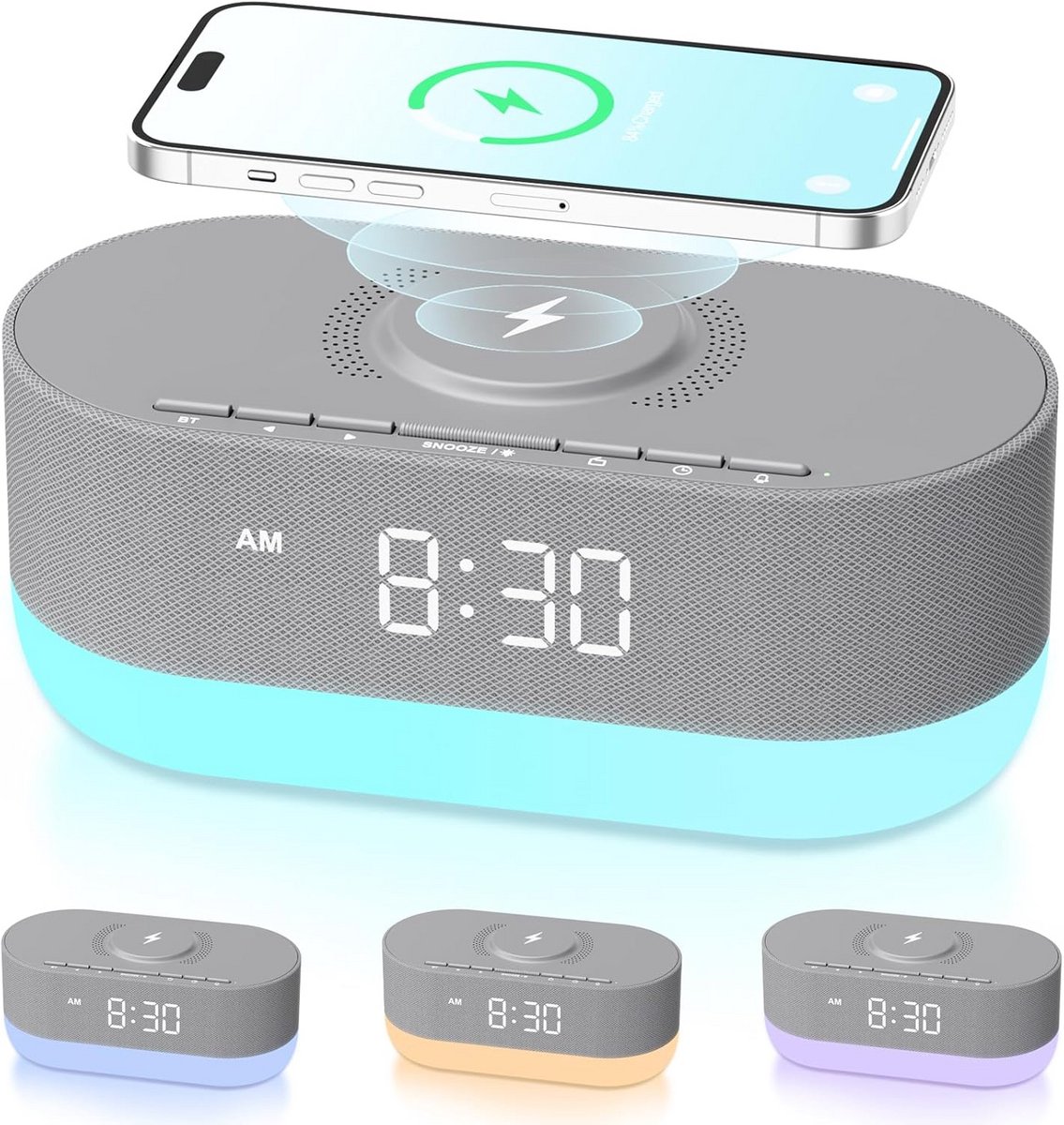 Bluetooth Speaker met Radio, Wekker en Draadloos Opladen voor Nachtkastje