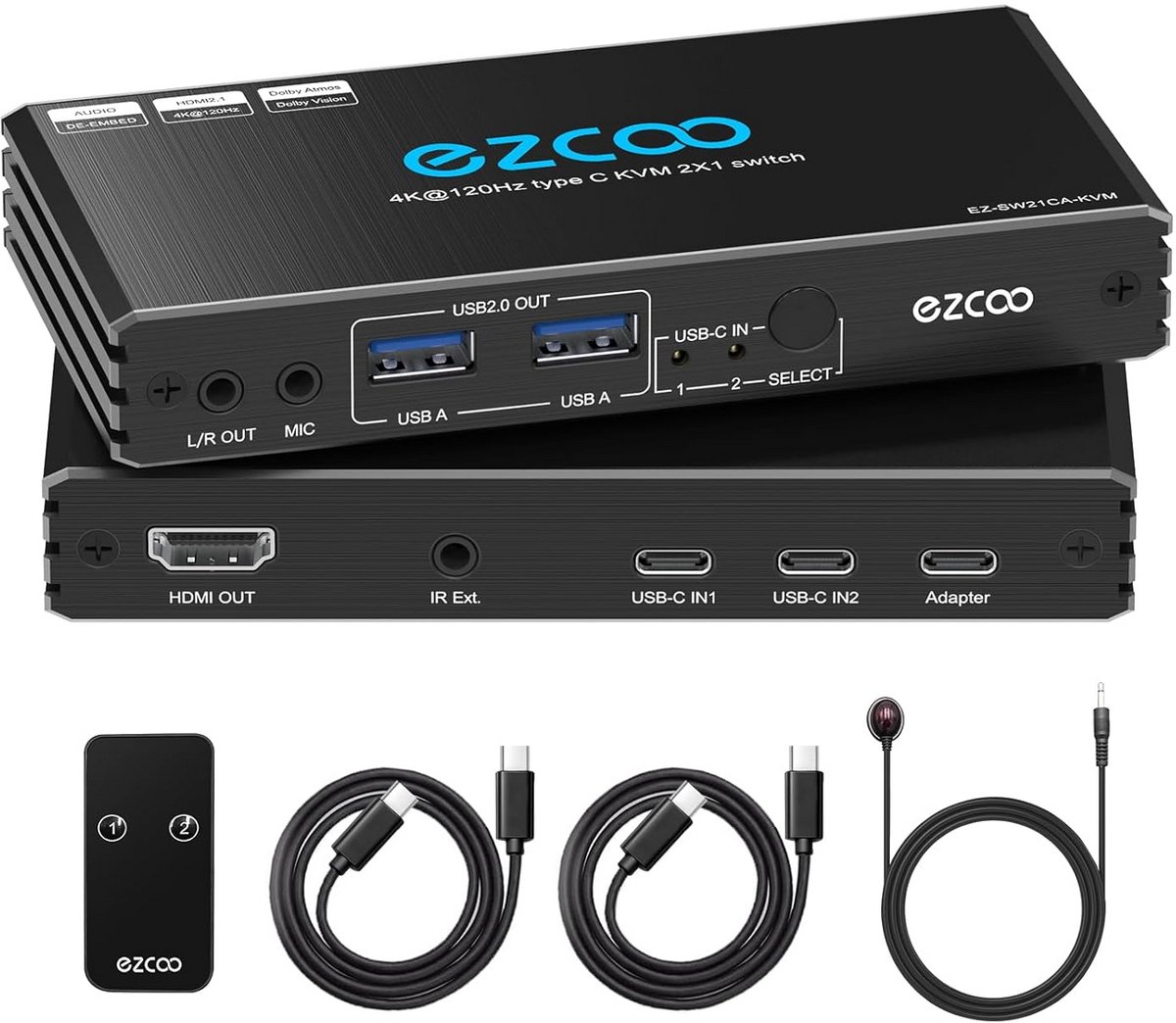 USB-C KVM Switch 4K@120Hz HDMI 2.1 voor 2 Laptops met PD 100W