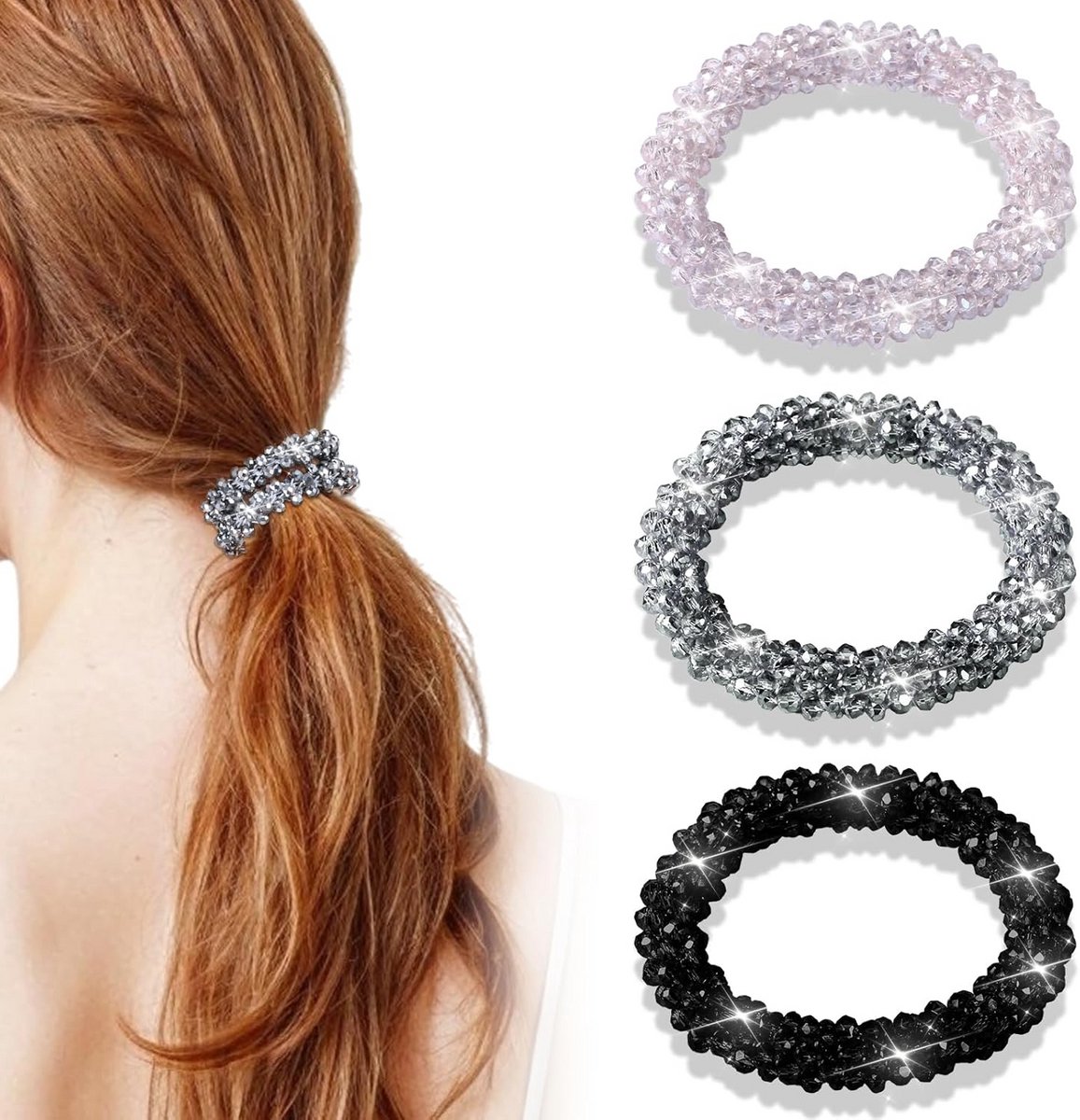 3x Luxe Haaraccessoires met Strass Steentjes - Elastische Haarelastiekjes voor Dames