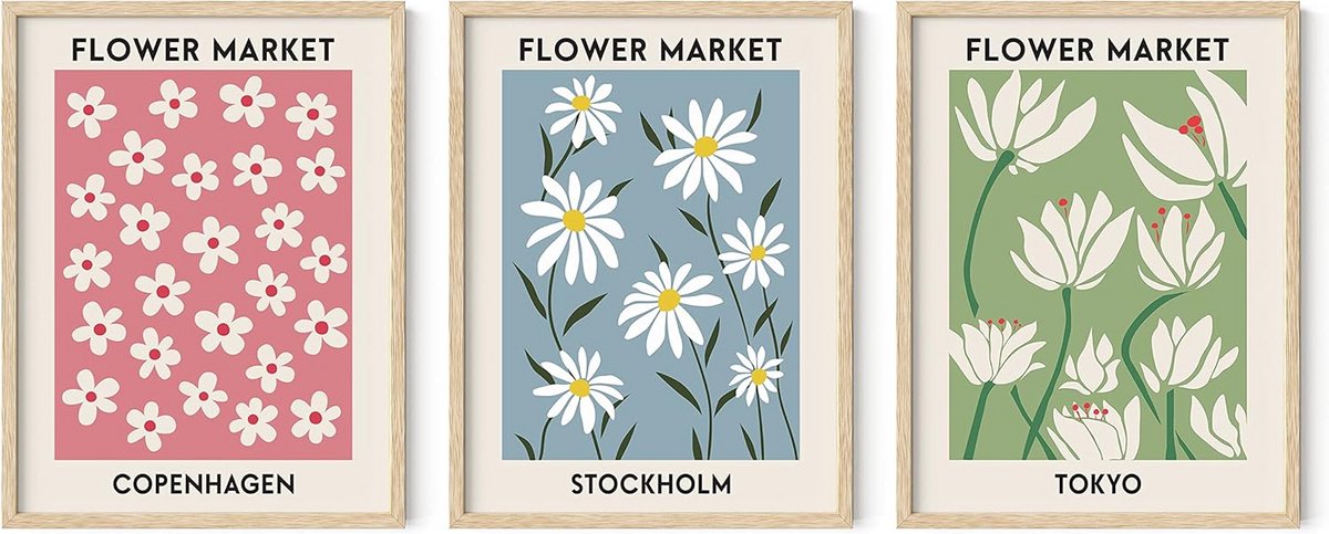 Set van 3 Wandposters Bloemenmarkt in Pasteltinten voor Scandinavische Wanddecoratie