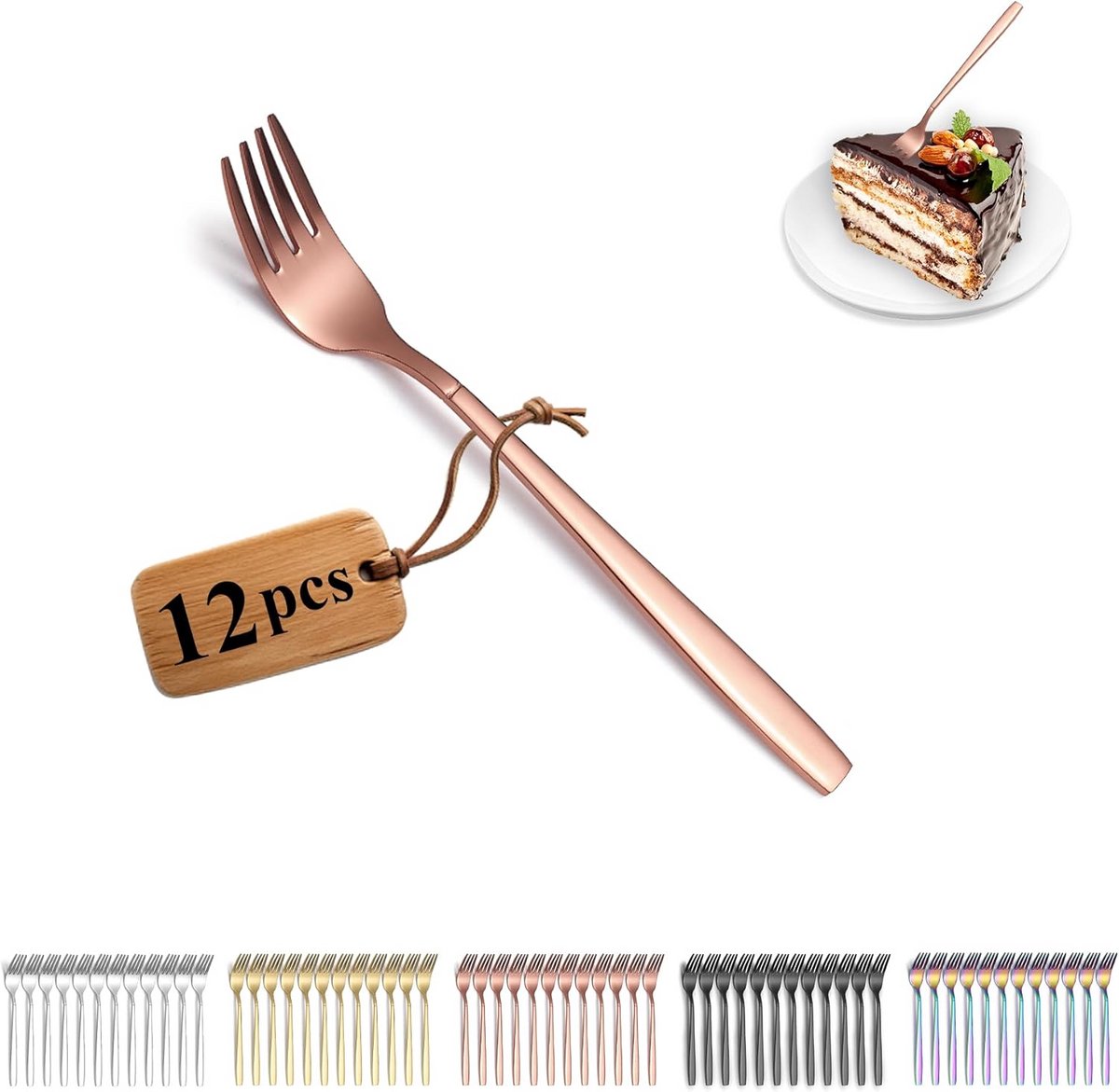 Dessert Vorkjes - Gebak Vorkjes - Taart Eten - Titanium Coating - 12 Stuks - Rose Goud