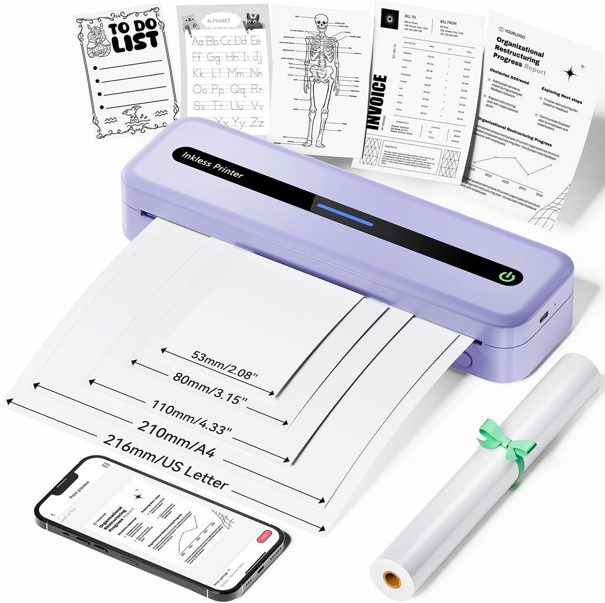 Draagbare Thermische Printer voor Mobiel en Desktop - Letter/A4/Rolpapier