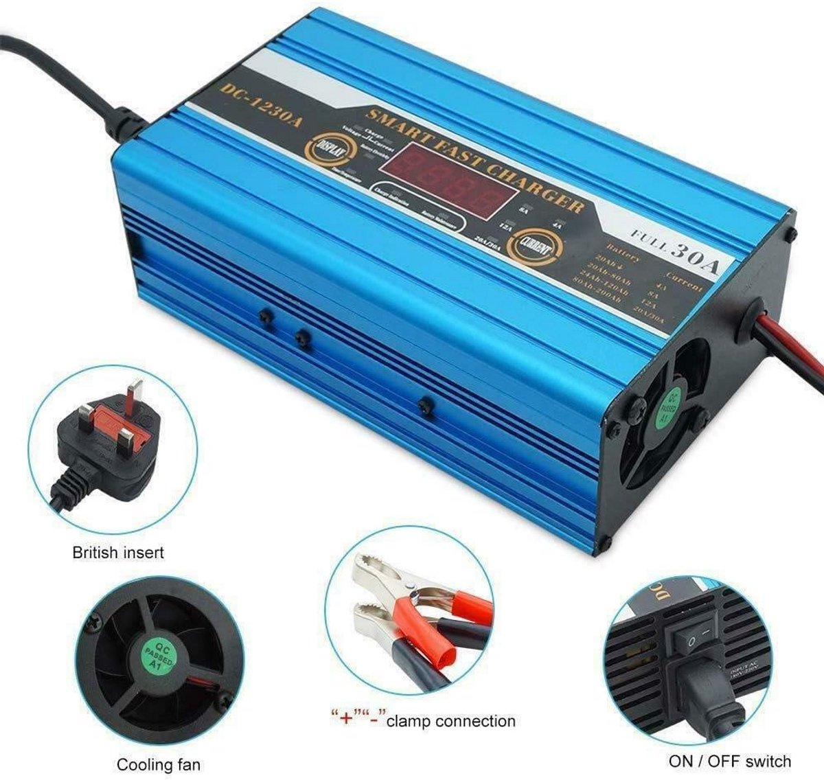Intelligente Automatische Acculader 12V 30A voor Auto, Motor en Caravan