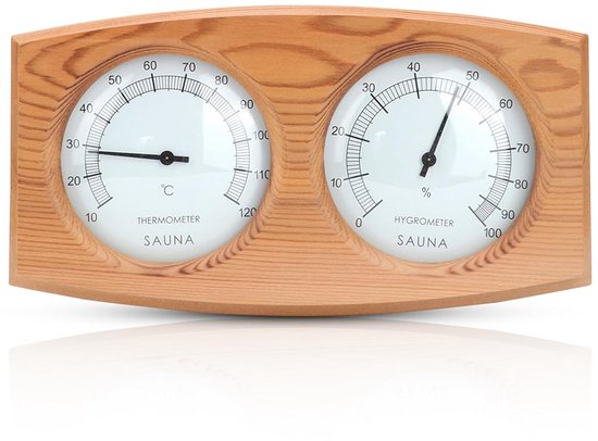Foto: Digitale thermo hygrometer voor sauna en stoomkamer met houten behuizing