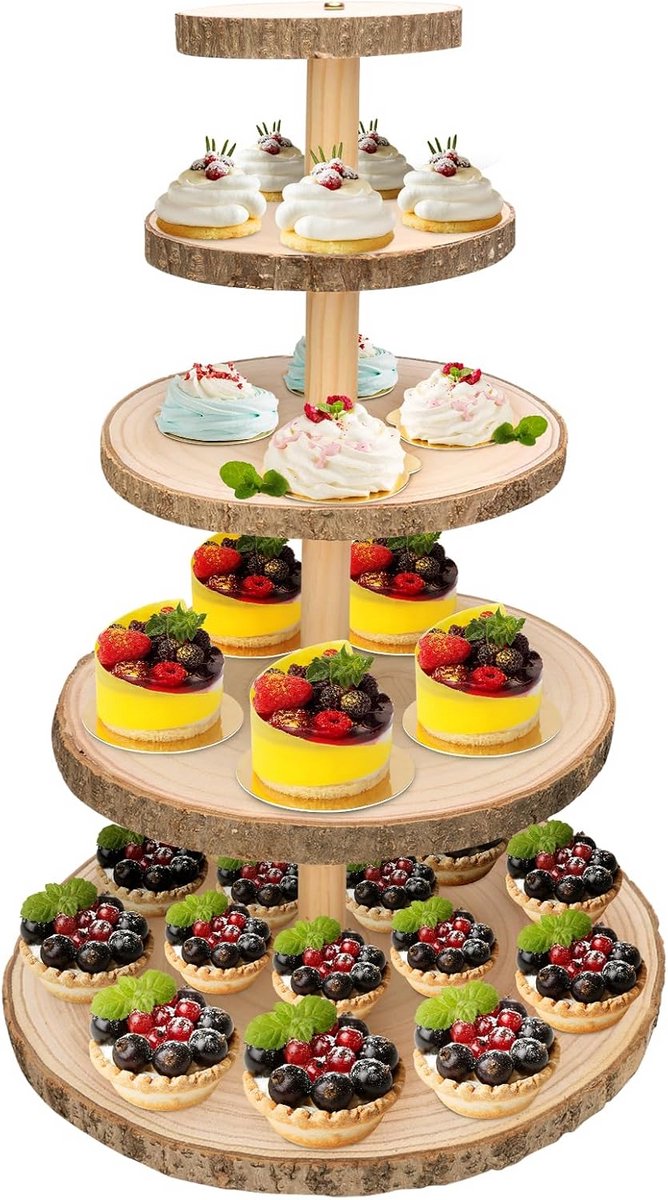 5-laags Houten Cupcake Standaard - Rustieke Ronde Taartplateau voor Feest en Bruiloft