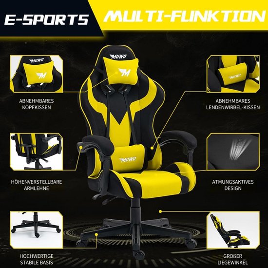 Ergonomische Gaming Stoel met Verstelbare Hoogte en Rugleuning - Geel — afbeelding 4