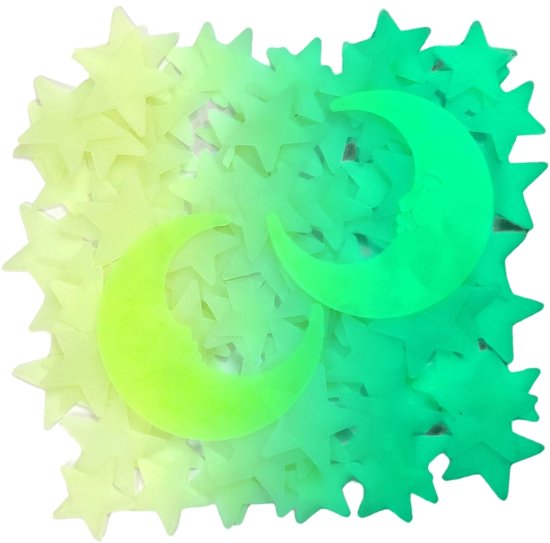 Étoiles phosphorescentes et deux lunes dans des tons vert-jaune sur fond blanc.