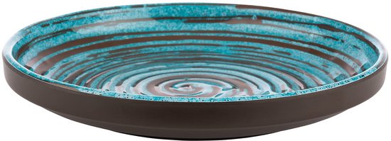 Een turkooisblauwe melamine serveerschaal van 18x18 cm met een bruine rand en spiraalpatroon.