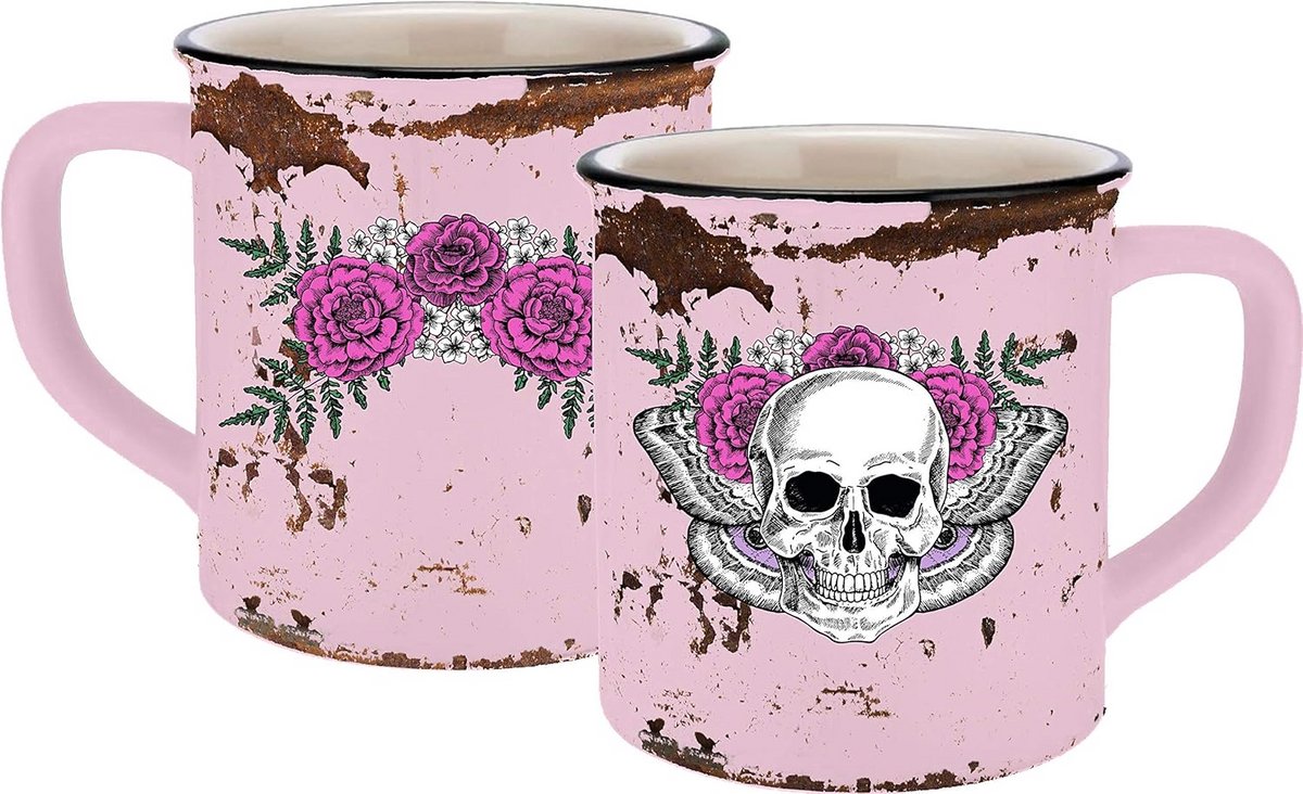 Grote Roze Mok met Doodshoofd Huisstijl - 400 ml Keramiek