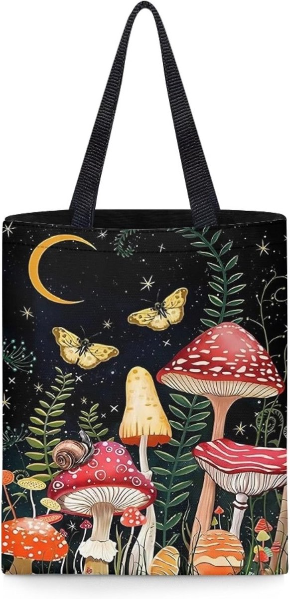 Grote Katoenen Shopper Tas met Schattige Paddenstoel & Maan Print