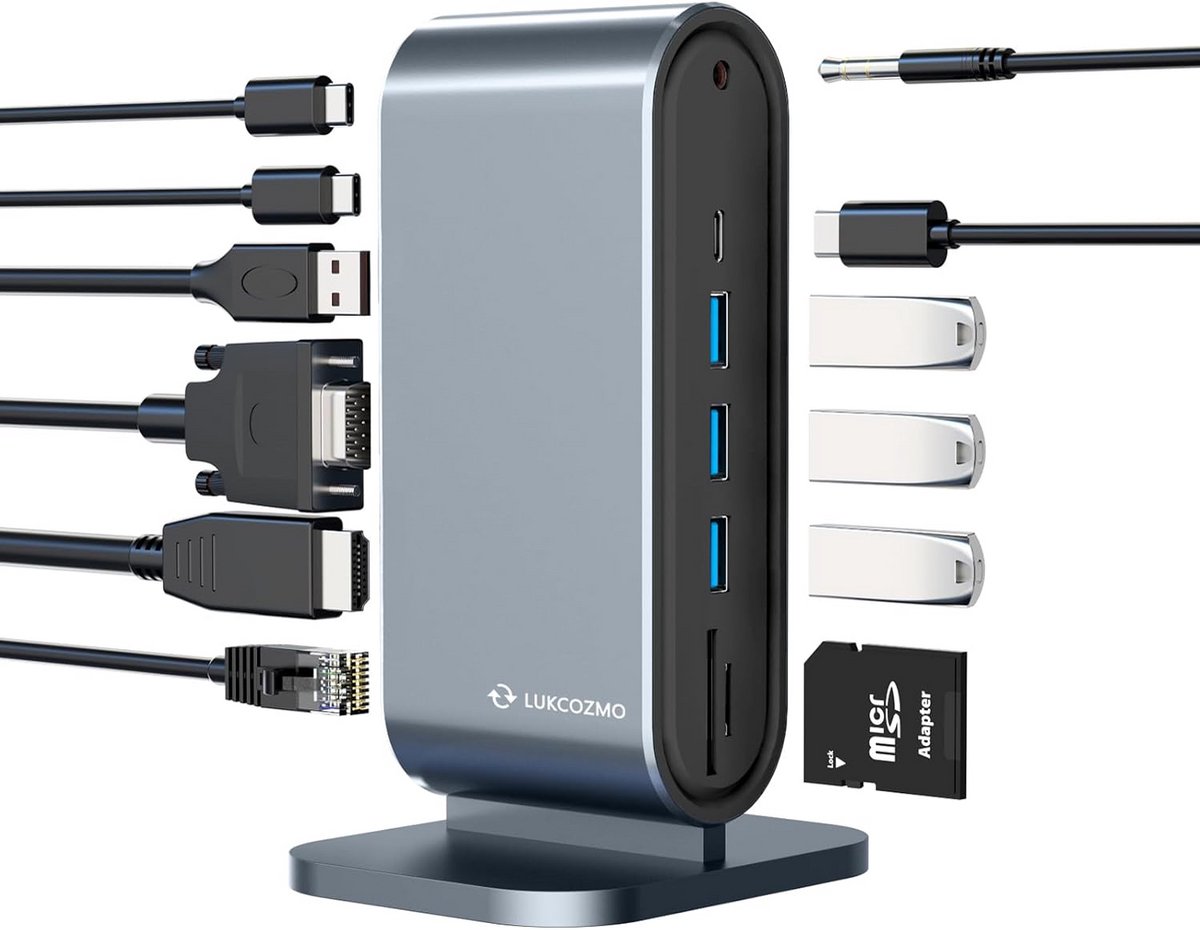 12-in-1 USB-C Dockingstation Triple Monitor met 100W Opladen - HDMI, USB, Ethernet, SD