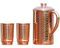 Koperen Ayurveda Waterkan Set met Hamerslag Glaswerk