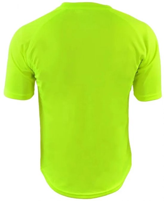 De achterkant van een fluoriserend geel sportshirt met korte mouwen.