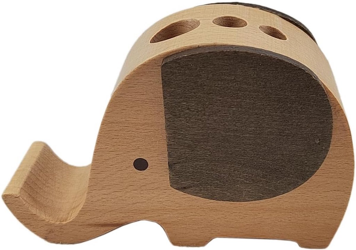 Houten Olifant Pennenbakje en Telefoonhouder - Bureau Organizer